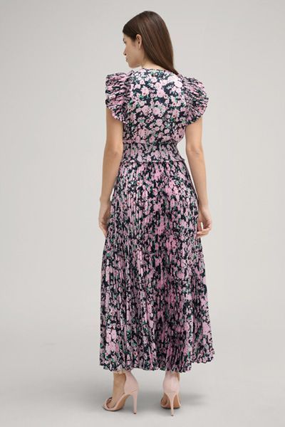 Florales Satin-Plissee-Midikleid