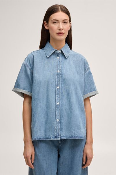 Kurzärmelige Jeans-Hemdbluse aus Baumwolle-Seide