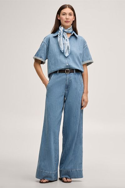 Kurzärmelige Jeans-Hemdbluse aus Baumwolle-Seide