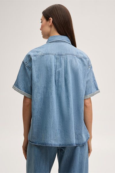 Kurzärmelige Jeans-Hemdbluse aus Baumwolle-Seide