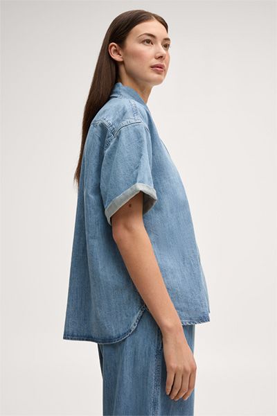 Kurzärmelige Jeans-Hemdbluse aus Baumwolle-Seide