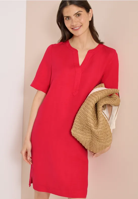 Leinenmix-Kleid mit Split Neck