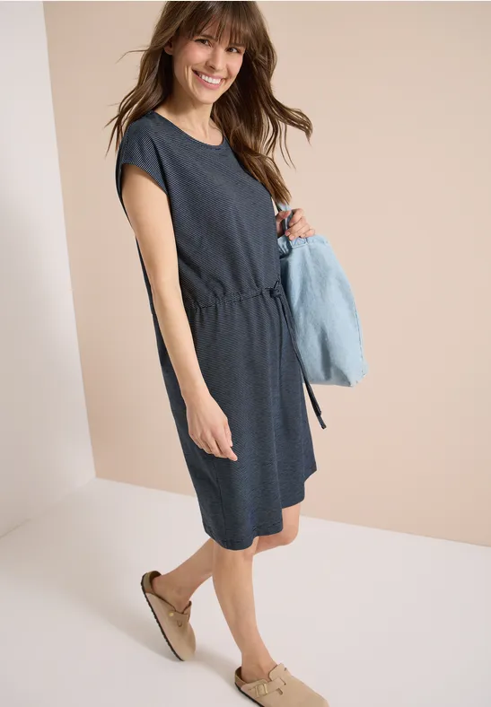 Gestreiftes Jersey-Midikleid mit Tunnelzug