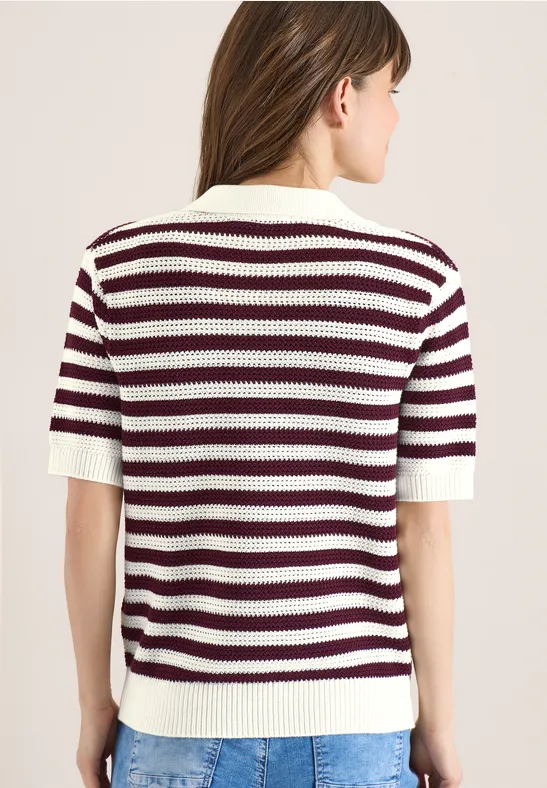 Gestreiftes Mesh-Poloshirt in Häkeloptik