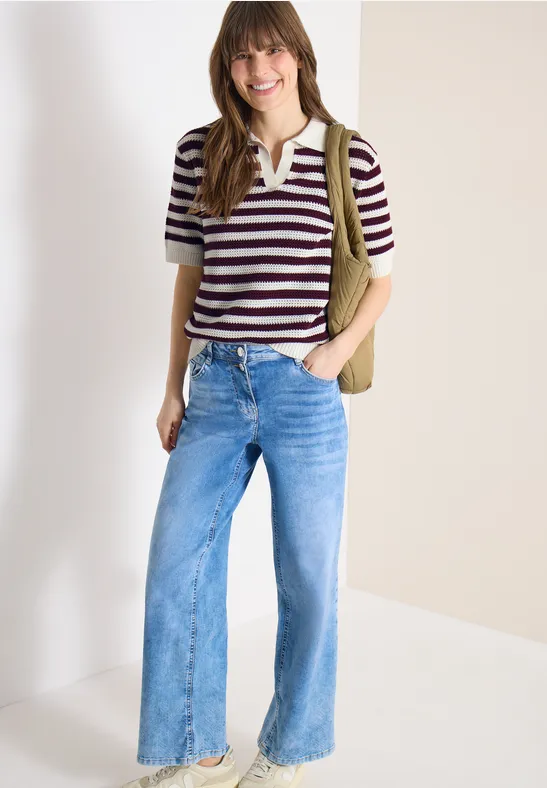 Gestreiftes Mesh-Poloshirt in Häkeloptik
