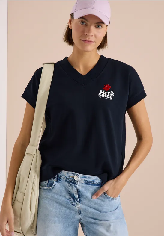 Kurzarm-Sweatshirt mit V-Ausschnitt und Print