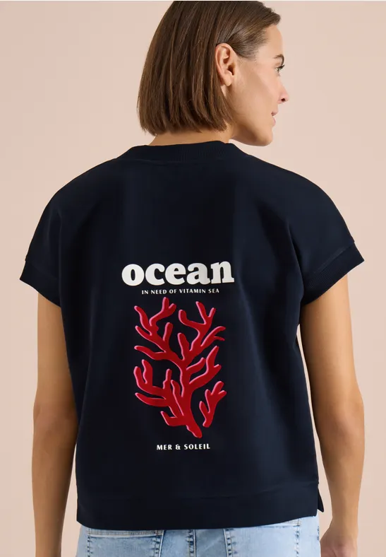 Kurzarm-Sweatshirt mit V-Ausschnitt und Print