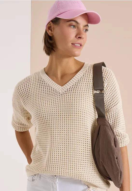 Kurzarm-Häkelpullover mit V-Ausschnitt