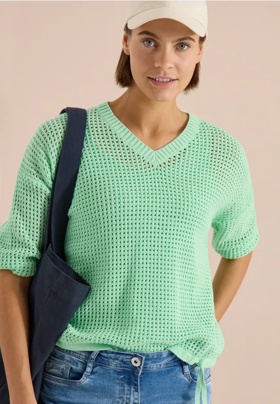 Kurzarm-Häkelpullover mit V-Ausschnitt