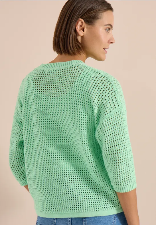 Kurzarm-Häkelpullover mit V-Ausschnitt