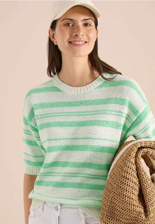 Gestreifter Kurzarm-Strickpullover