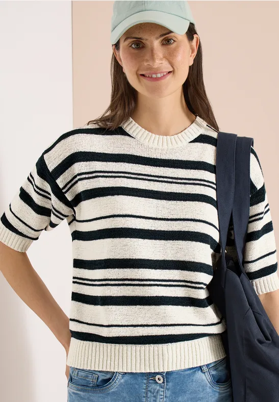 Kurzärmeliger gestreifter Strickpullover