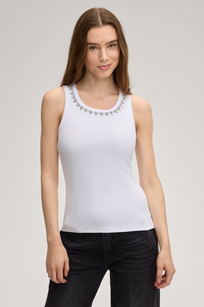 Geripptes Tanktop mit Schmucksteinbesatz