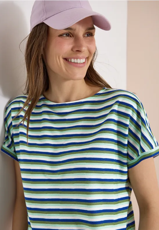 Strukturiertes Streifen-Shirt mit U-Boot-Ausschnitt