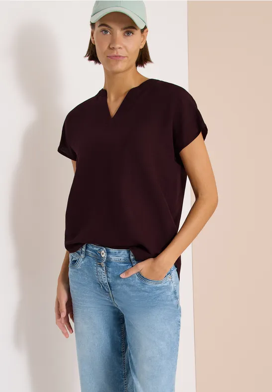 Locker fallendes Leinenmix-Top mit Split-Neck