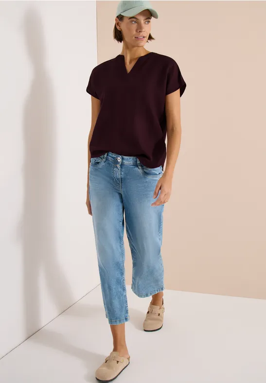 Locker fallendes Leinenmix-Top mit Split-Neck