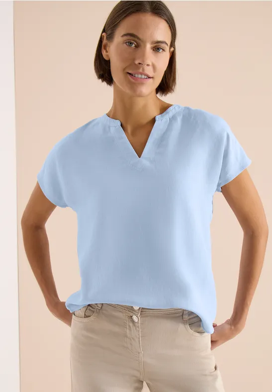Lockeres Leinenmix-Top mit Split-Neck