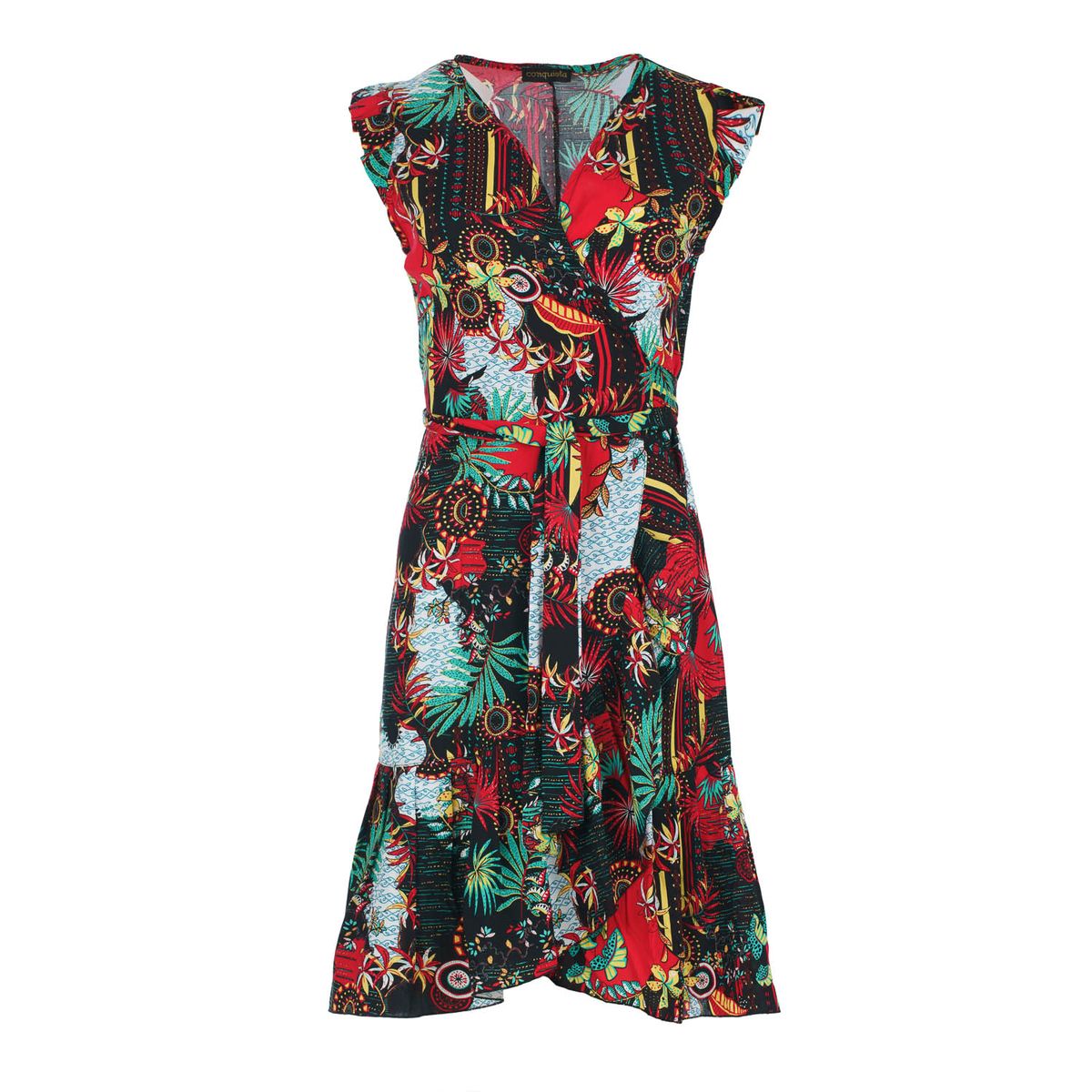 Wickelkleid mit Tropenmuster und Rüschen