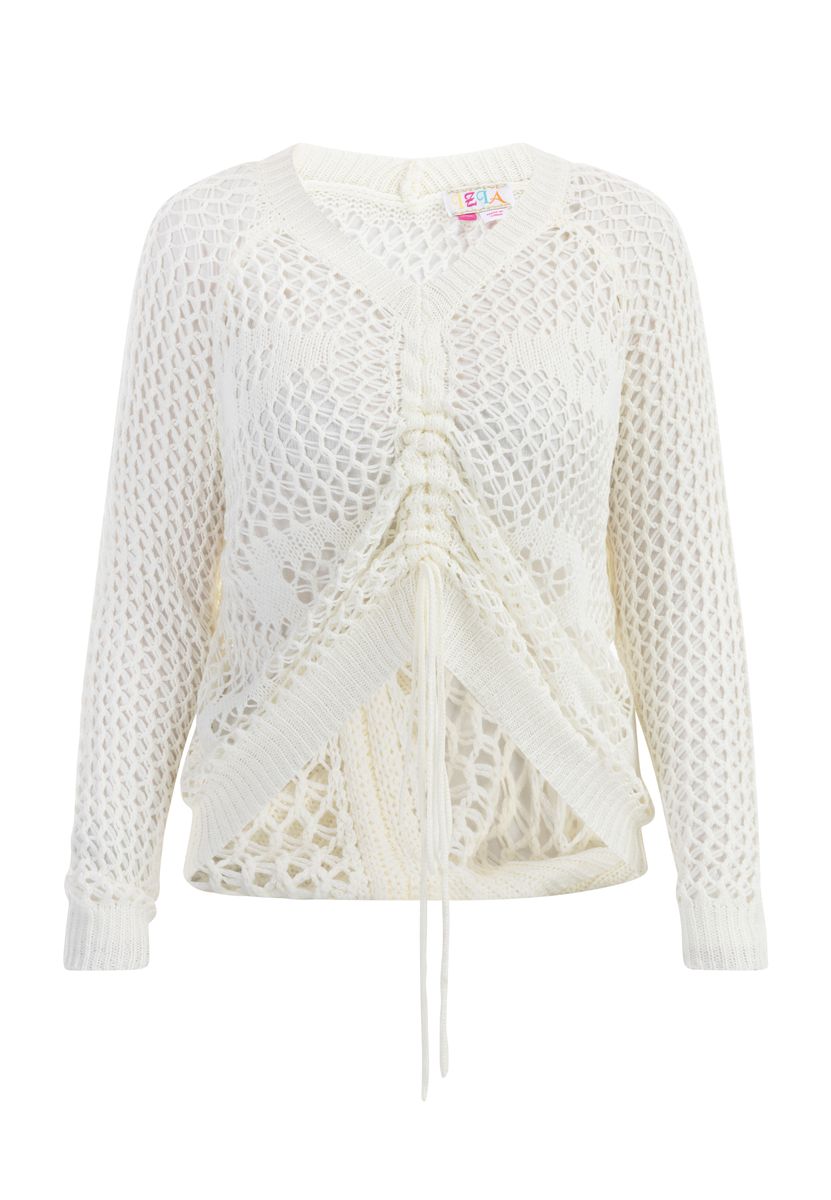 Luftiger Häkelpullover mit Raffung