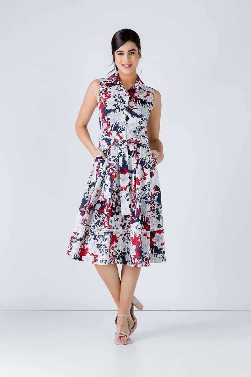 Baumwoll-Hemdblusenkleid mit Blumenmuster