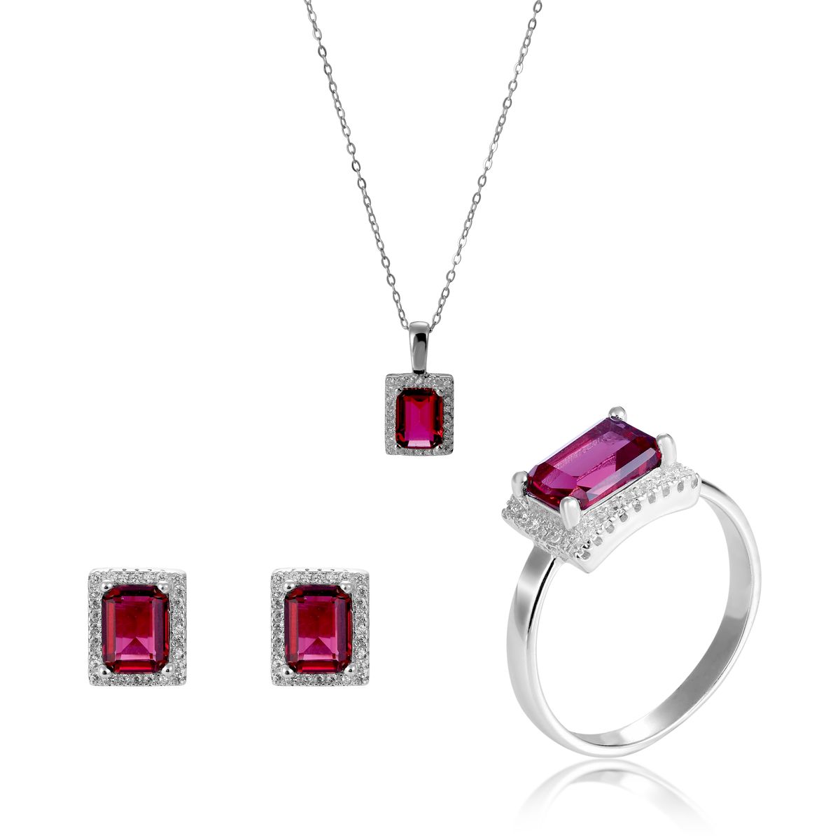 Schmuckset mit Rubinen im Smaragdschliff