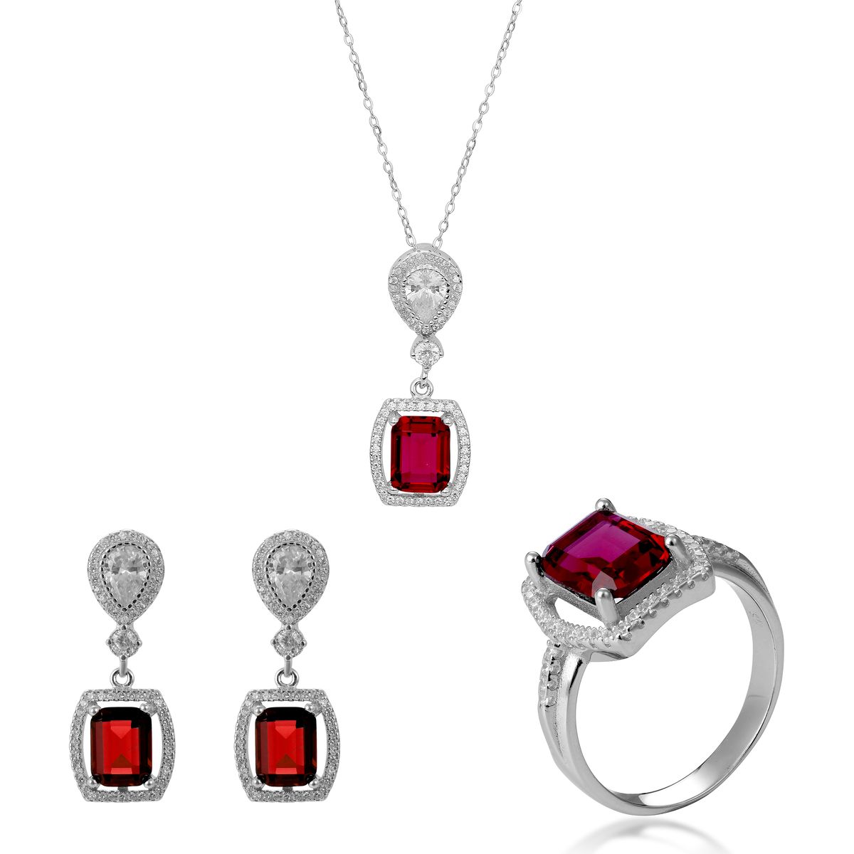 Elegantes Rubin-Schmuckset im Smaragdschliff