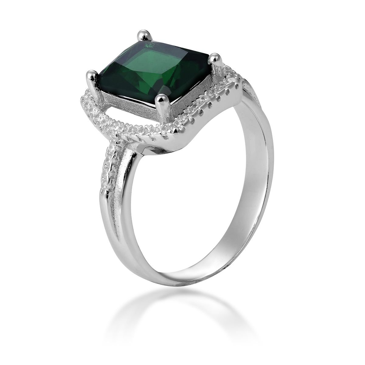 Halo-Ring mit grünem Quadratschliff-Stein