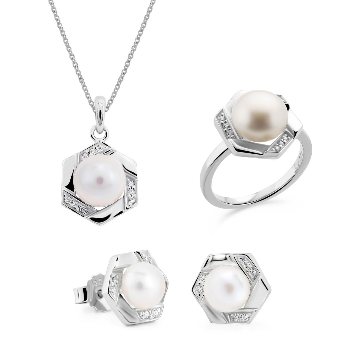 Elegantes Perlen- und Silber-Hexagon-Set