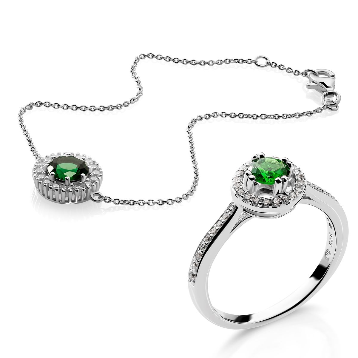 Smaragd Halo Ring und Armband Set