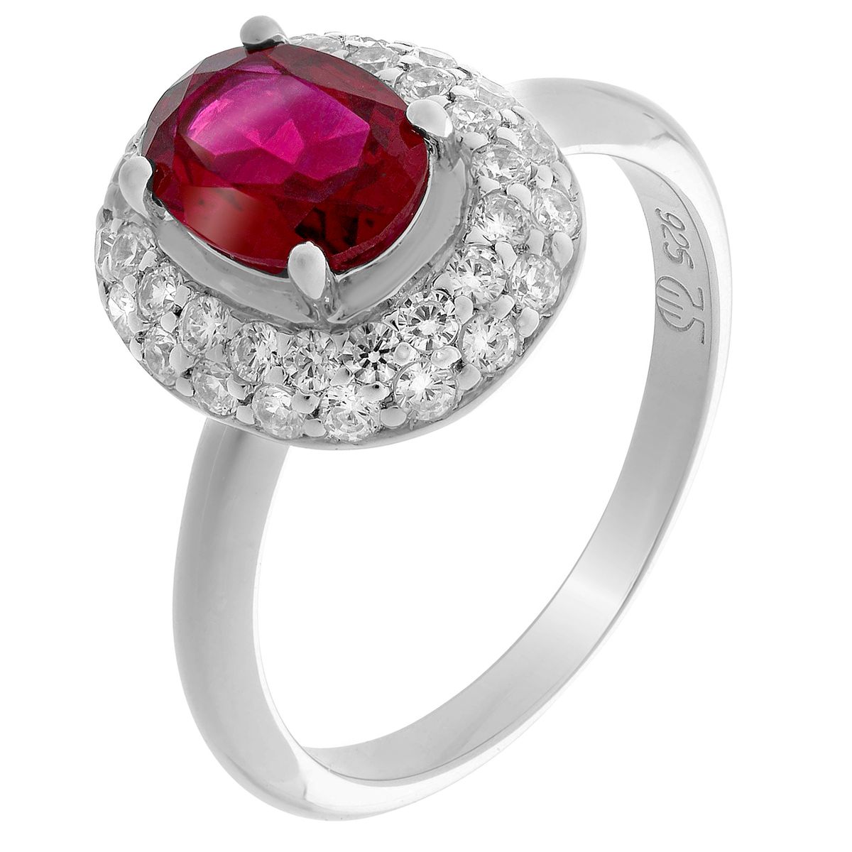 Halo-Ring mit rotem Stein im Ovalschliff