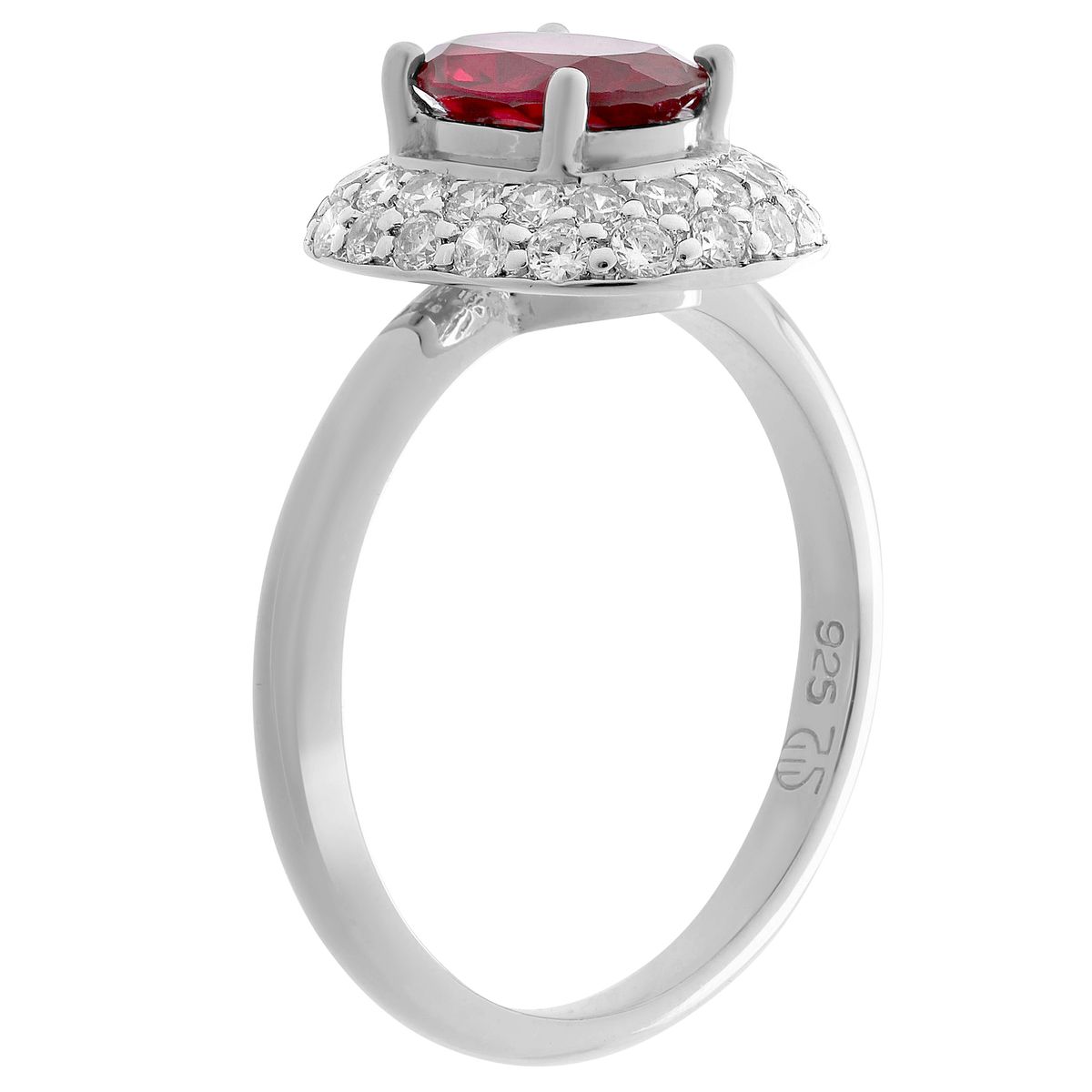 Halo-Ring mit rotem Stein im Ovalschliff