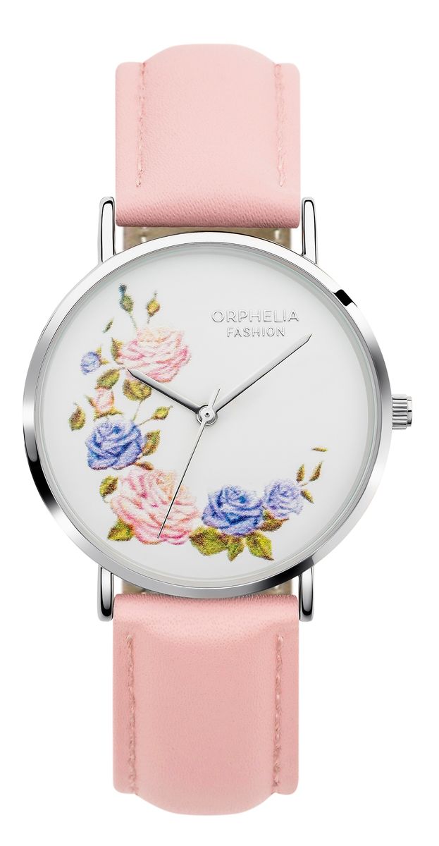Armbanduhr mit Blumenzifferblatt und rosa Band