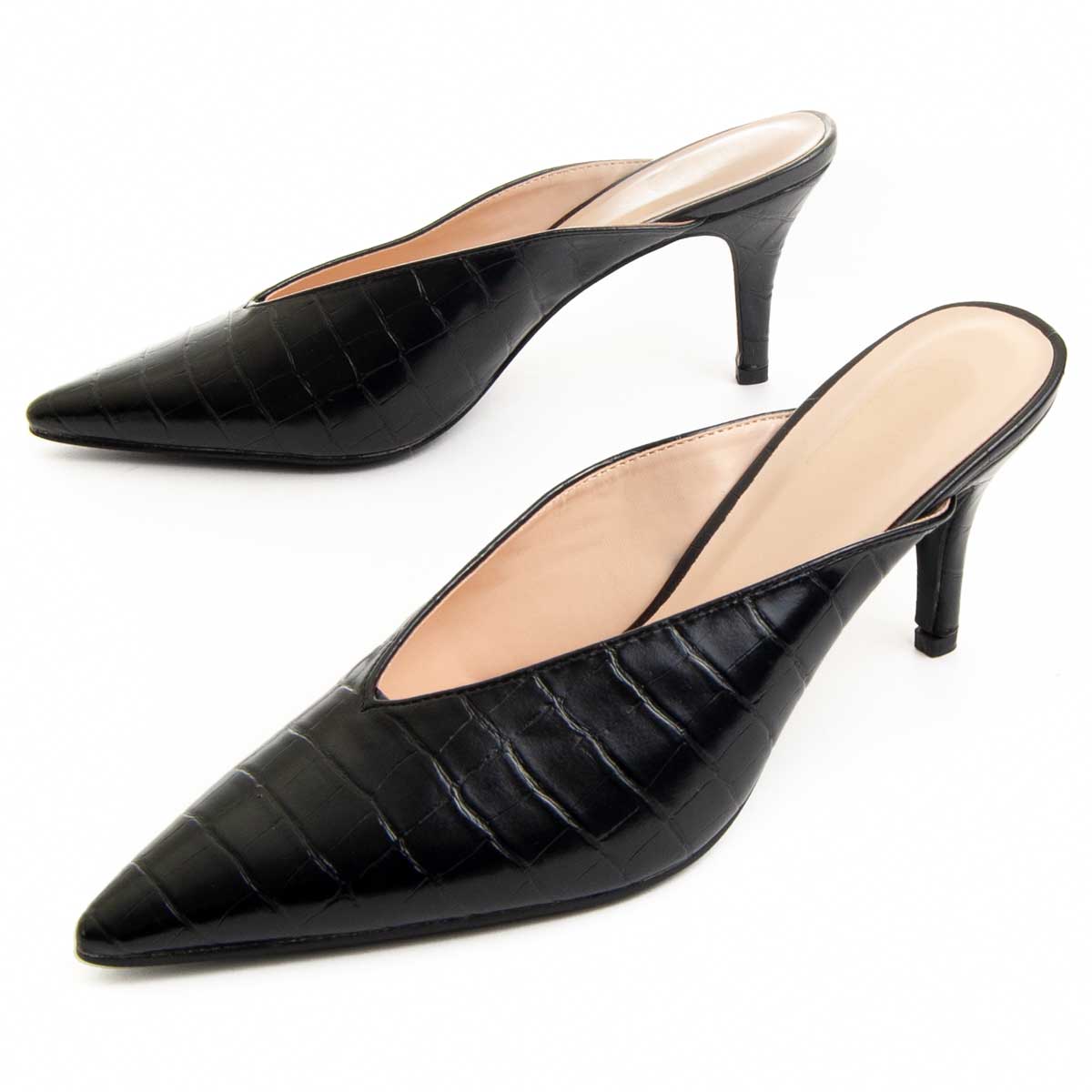 Spitze Mules mit Kroko-Prägung