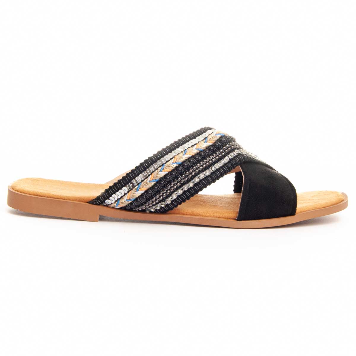 Flache Sandalen mit Perlen-Kreuzriemen