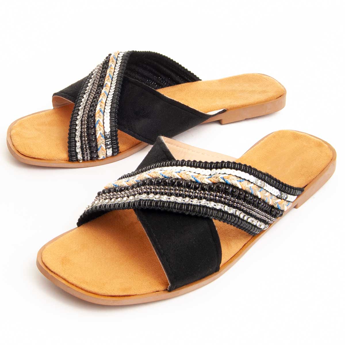 Flache Sandalen mit Perlen-Kreuzriemen