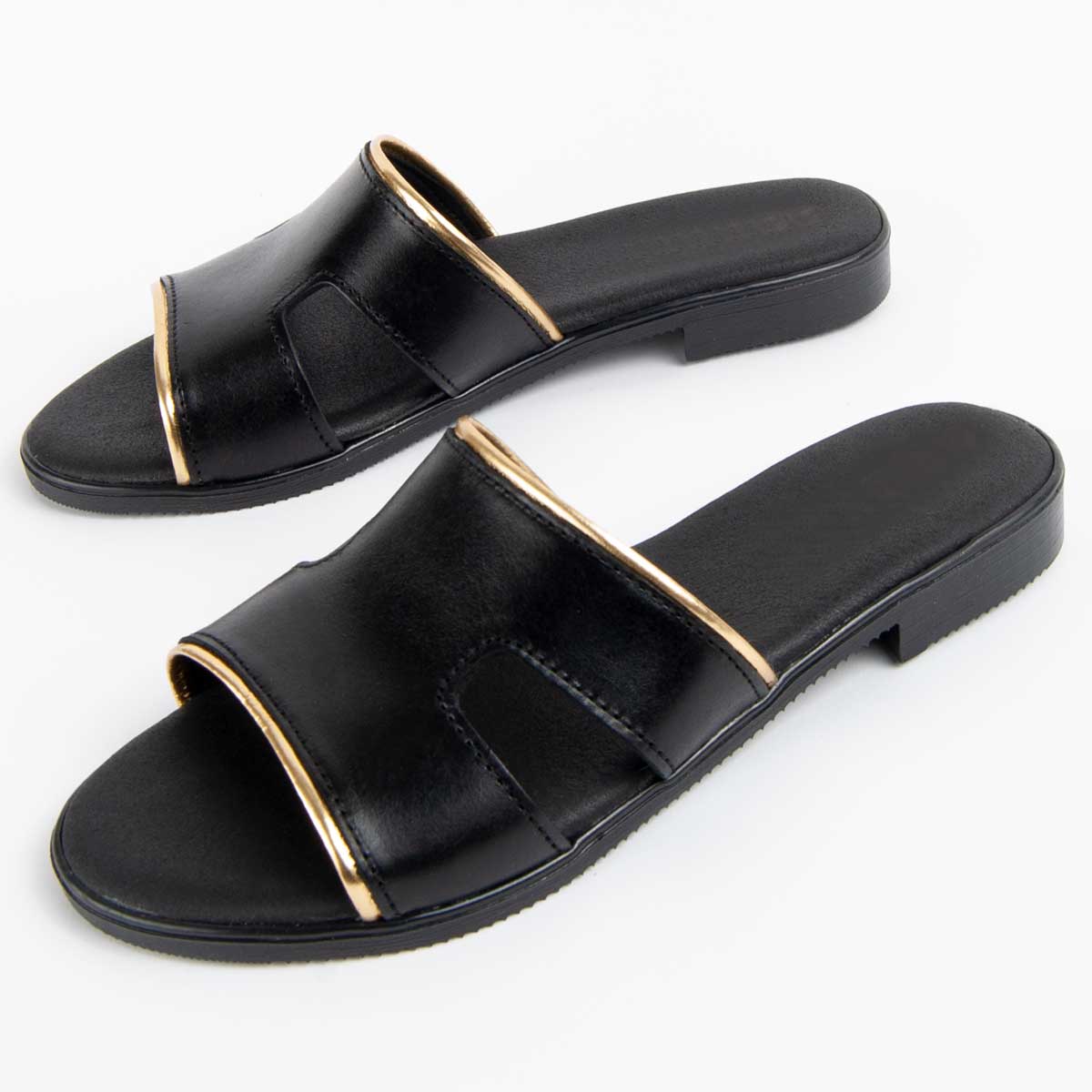 Flache Leder-Pantoletten mit Goldkante