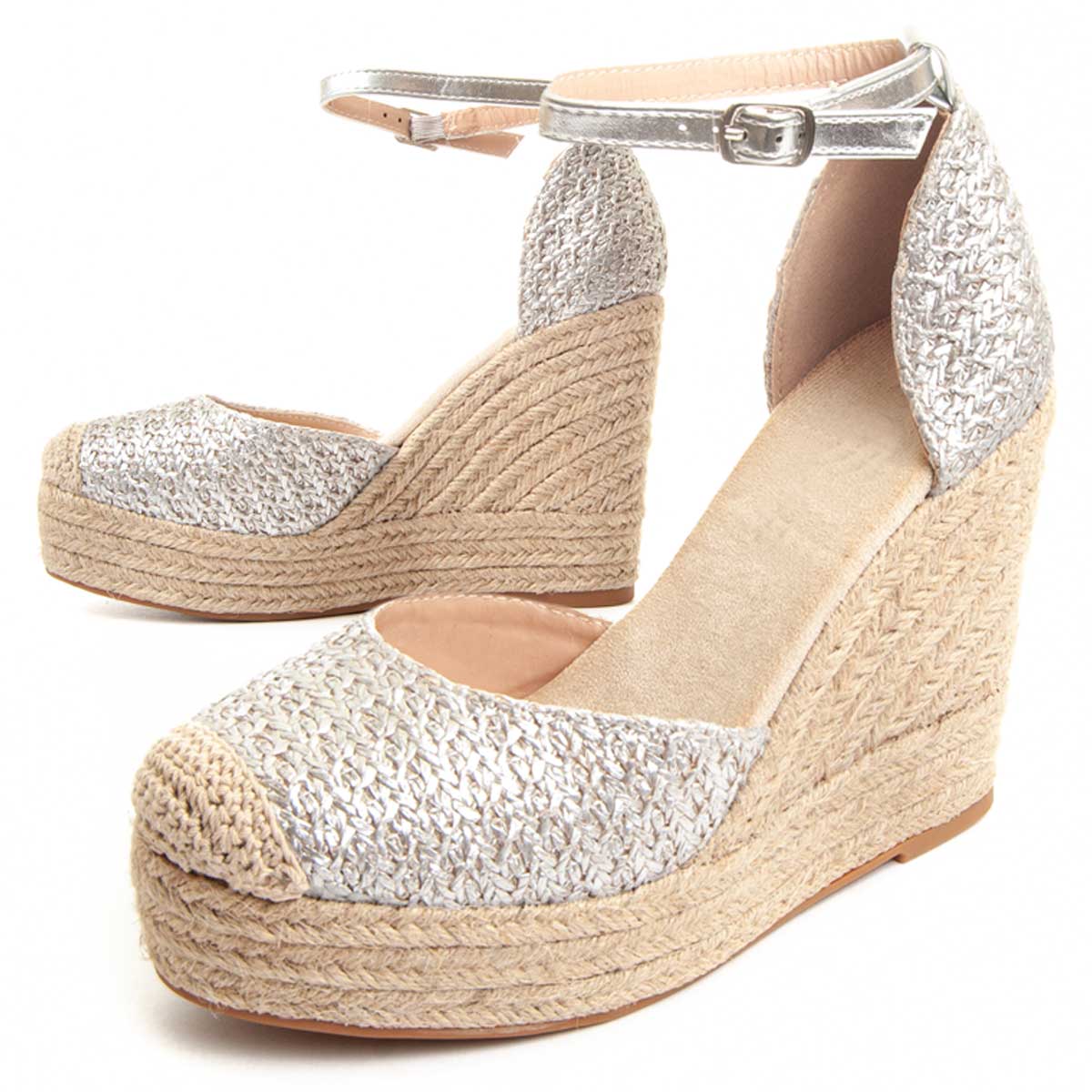 Geflochtene Metallic-Keilsandalen mit Espadrille-Absatz
