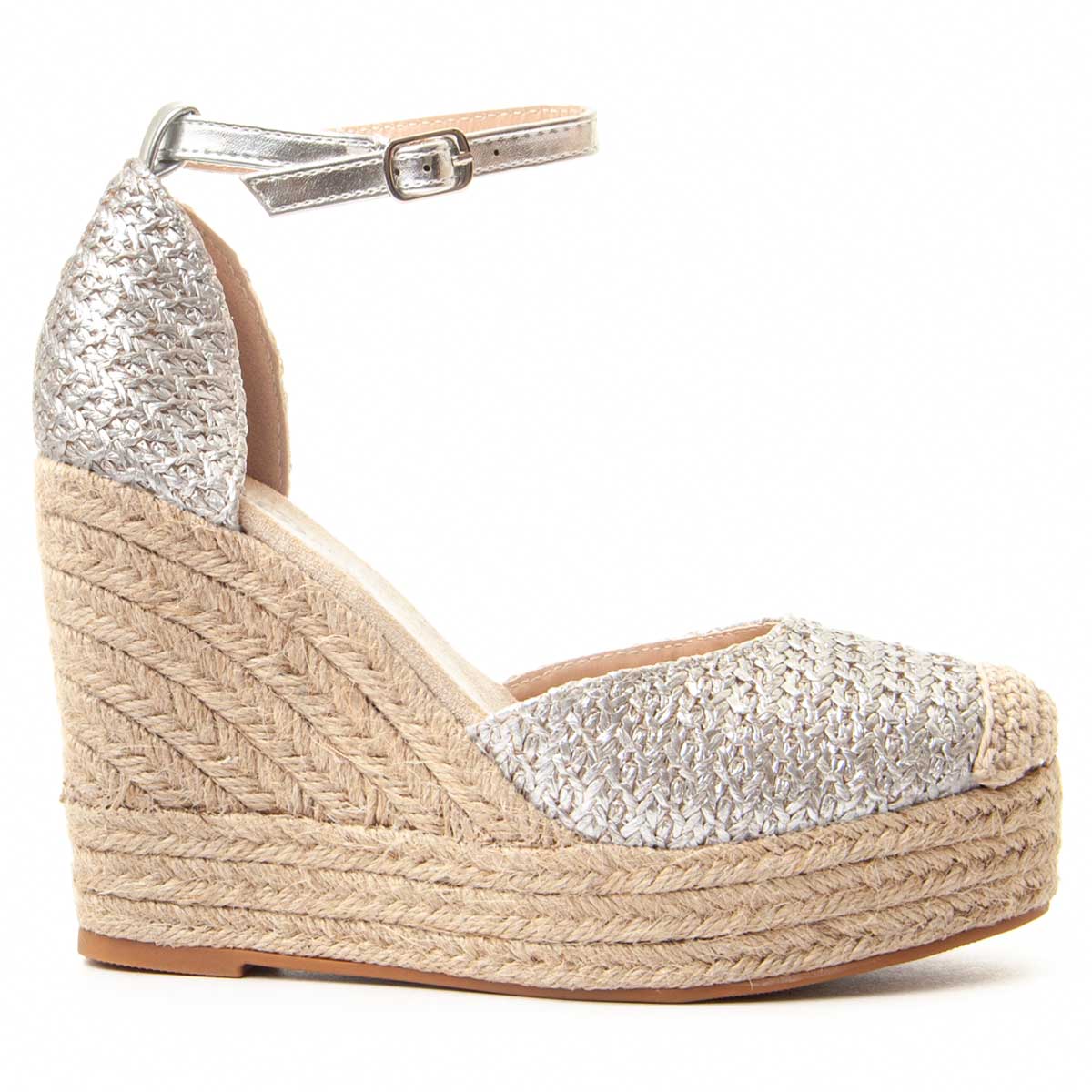 Geflochtene Metallic-Keilsandalen mit Espadrille-Absatz