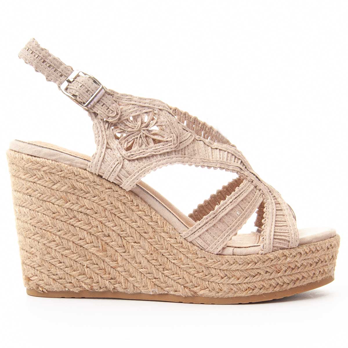 Geflochtene Espadrille-Keilsandalen mit Häkeloptik