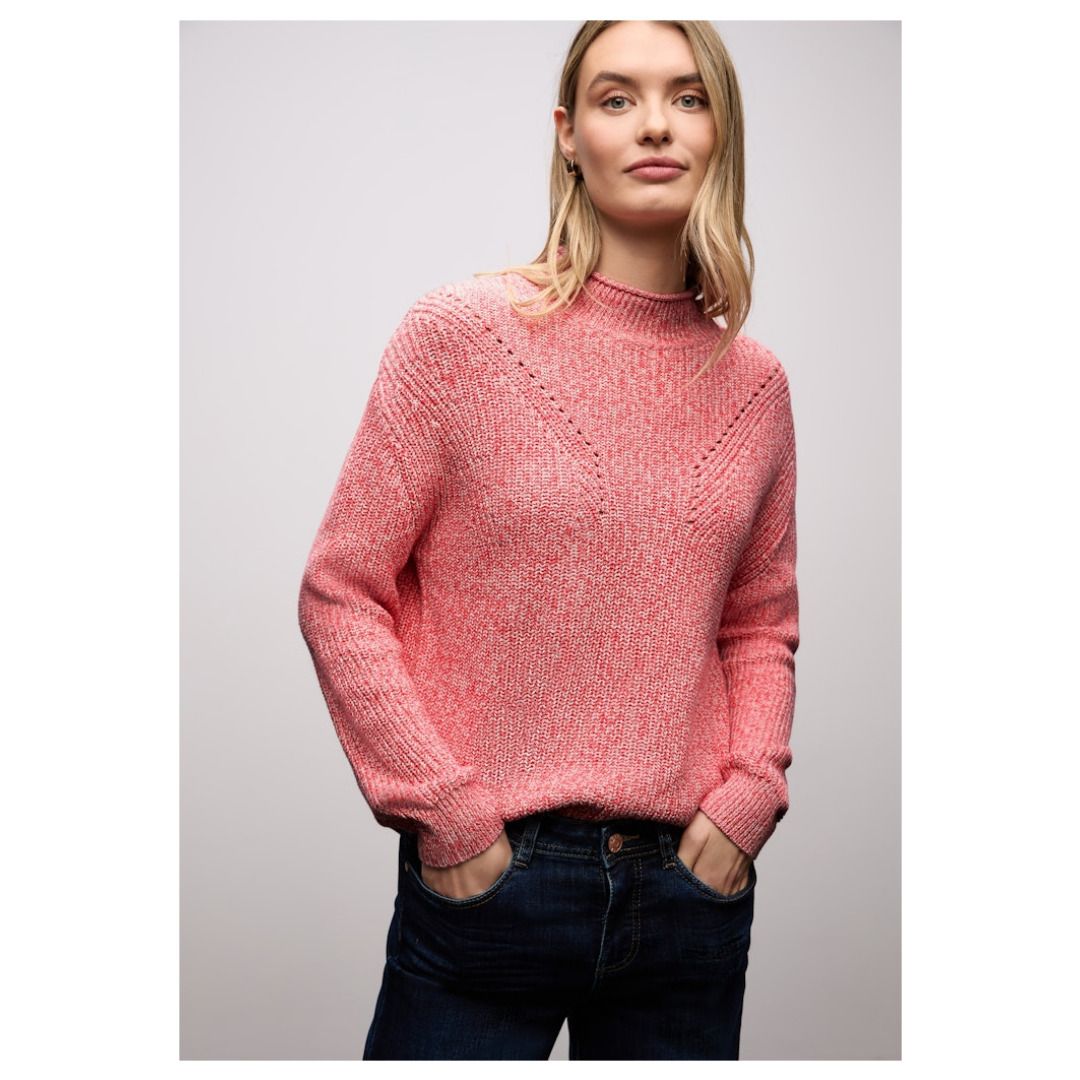 Strukturierter Mouline-Strickpullover mit Stehkragen