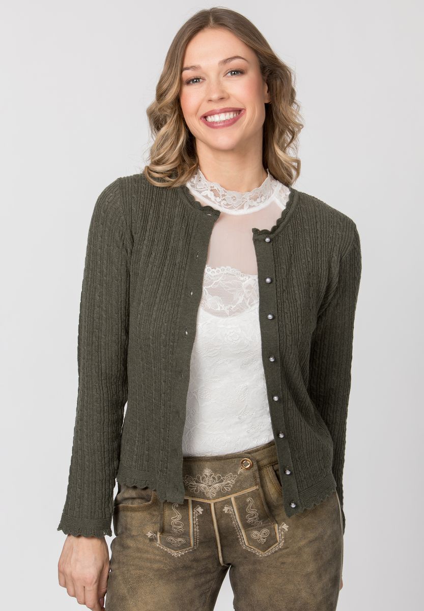 Elegante Zopfmuster-Strickjacke mit Perlmuttknöpfen