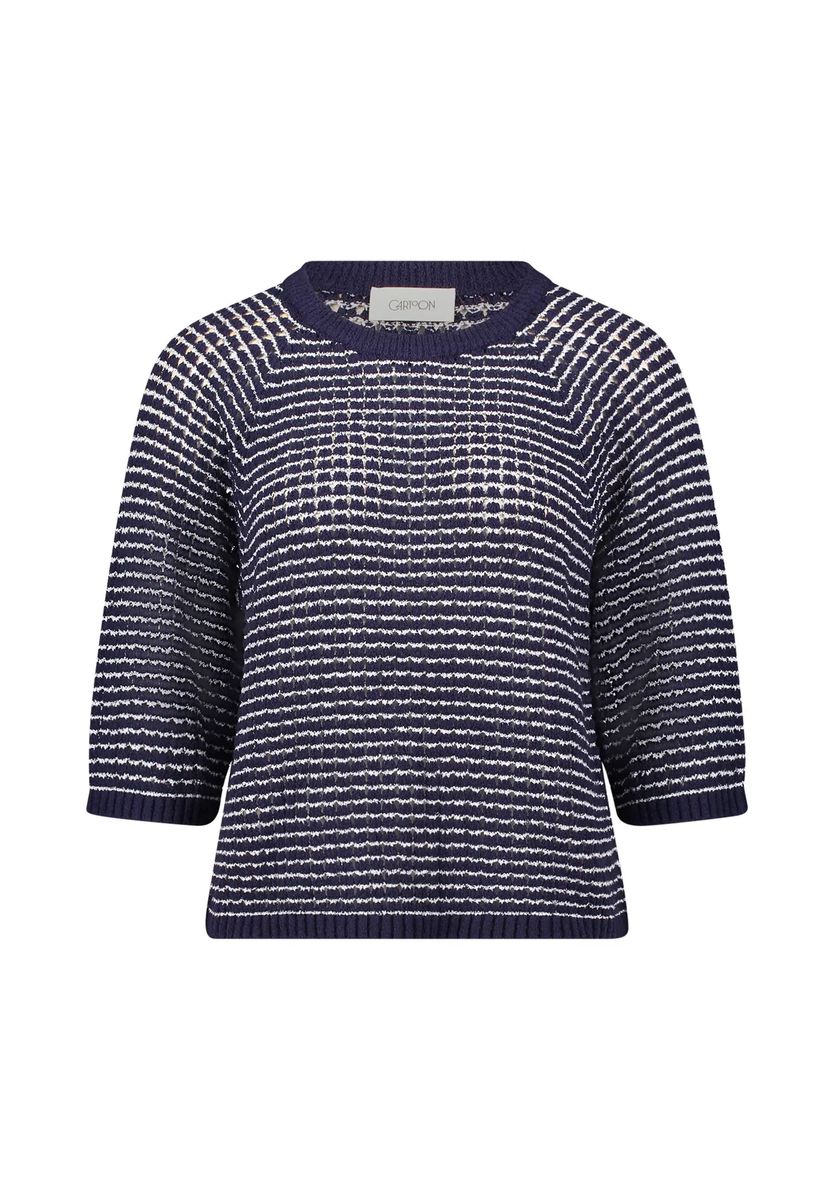 Gestreifter Lochmuster-Strickpullover mit 3/4-Arm