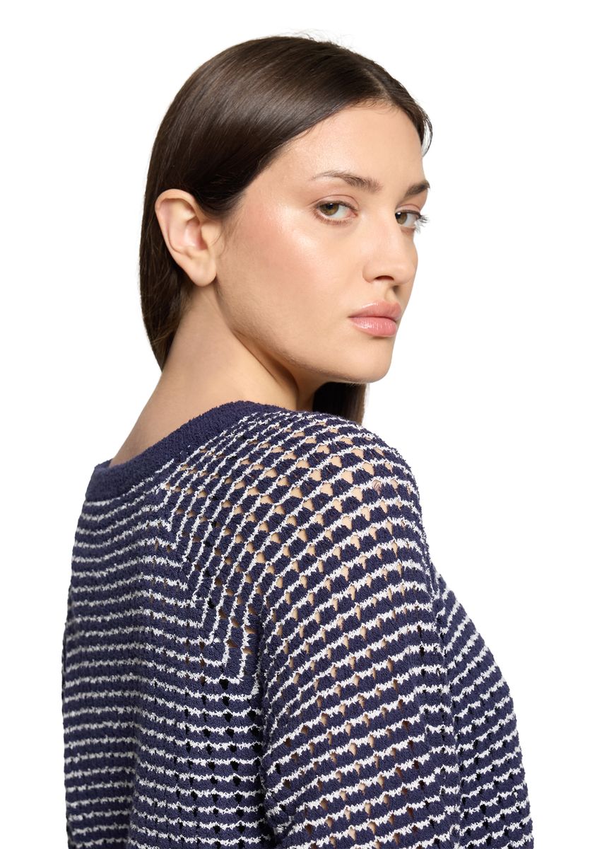 Gestreifter Lochmuster-Strickpullover mit 3/4-Arm
