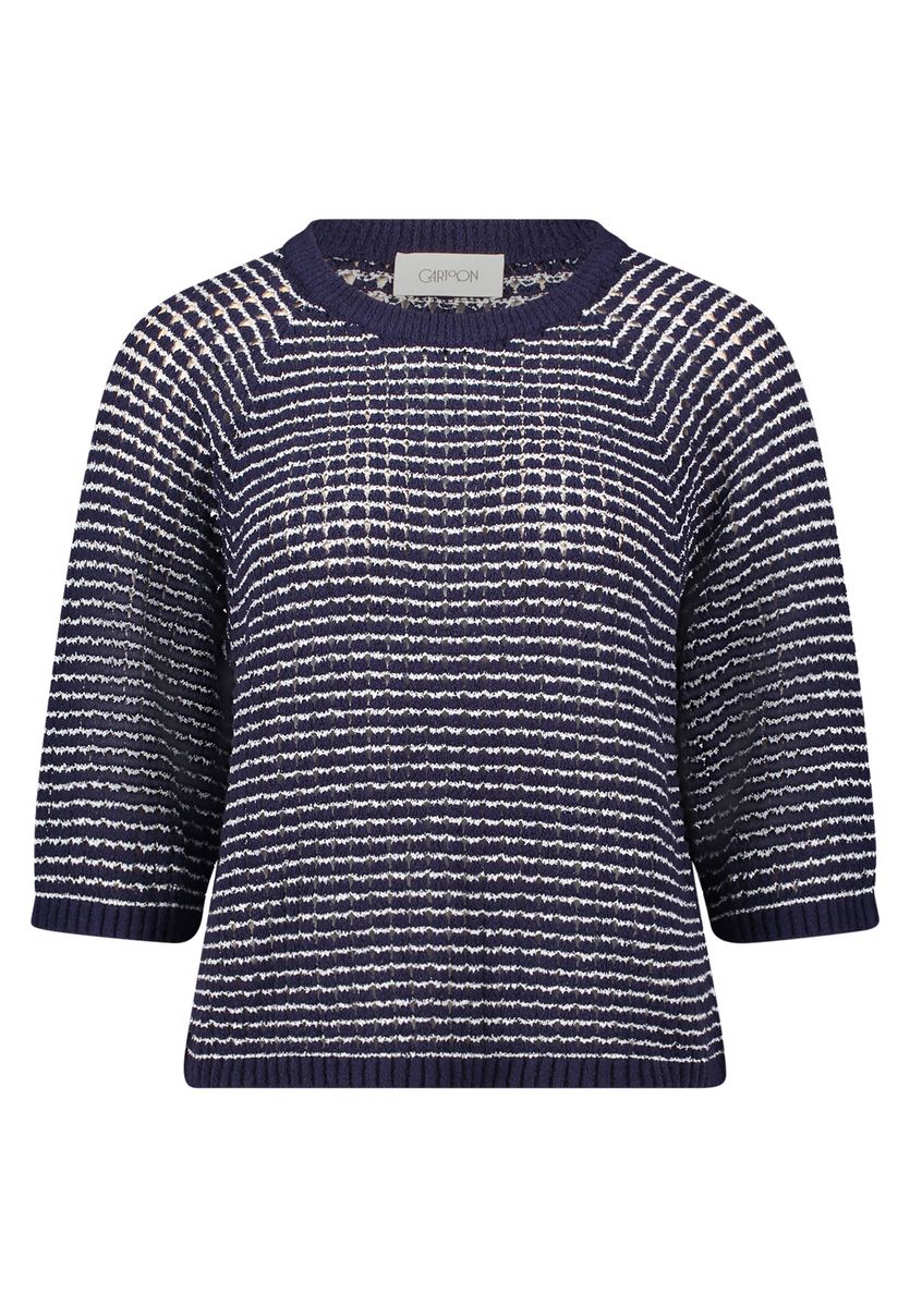 Gestreifter Lochmuster-Strickpullover mit 3/4-Arm