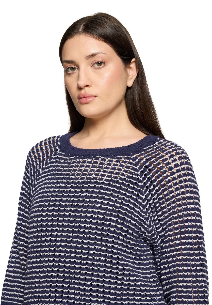 Gestreifter Lochmuster-Strickpullover mit 3/4-Arm