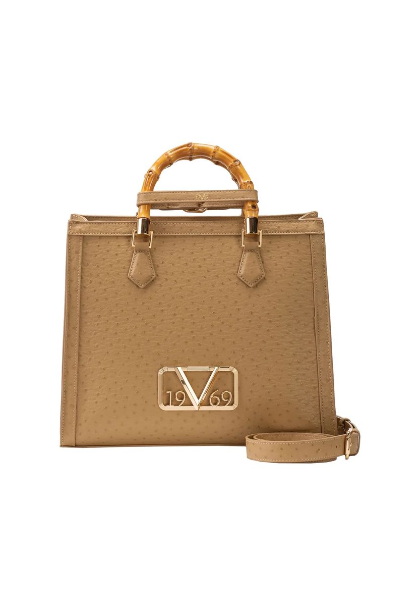 Elegante Tasche in Straußenoptik mit Bambusgriffen