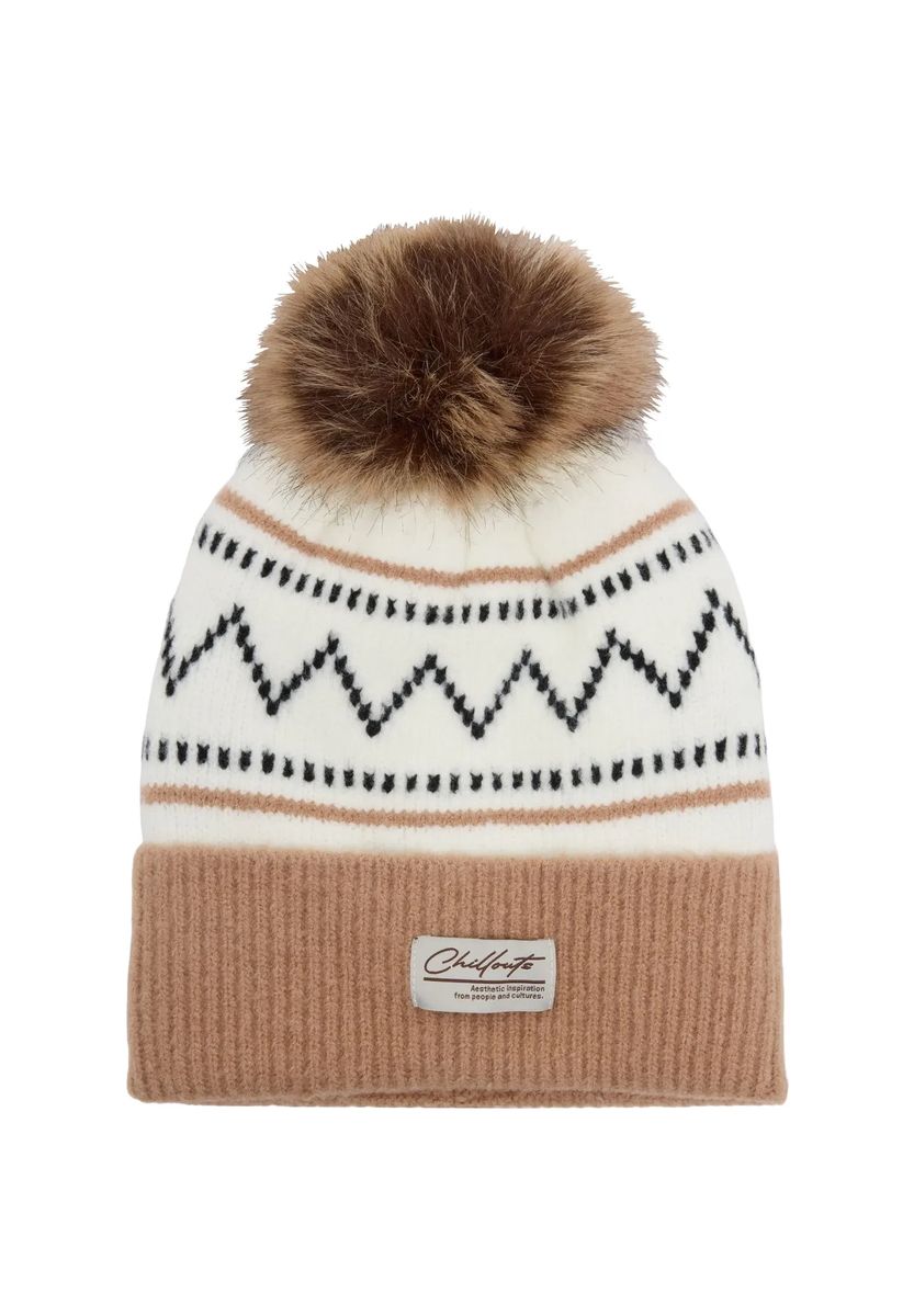 Gemusterte Beanie mit Kunstfell-Bommel