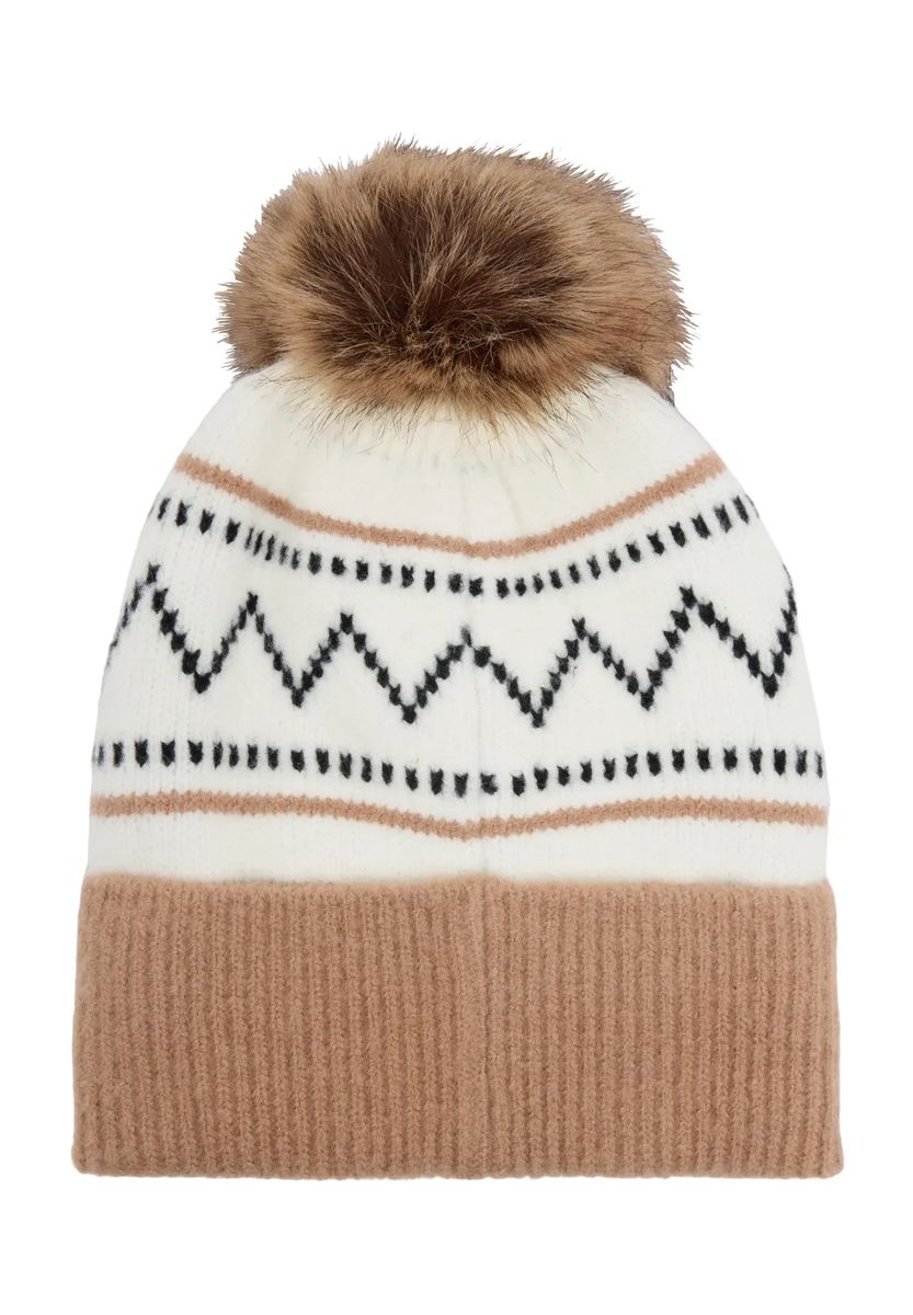 Gemusterte Beanie mit Kunstfell-Bommel