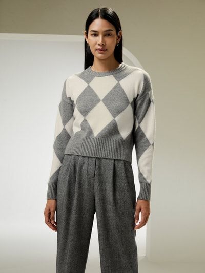 Kaschmirpullover mit Rautenmuster und Rundhalsausschnitt