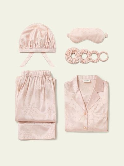 Jacquard-Seidenpyjama und Accessoires-Set
